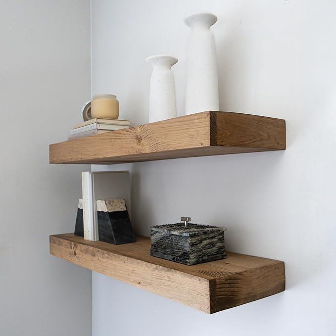 Urbandi Modern Floating Shelves 3 Inches Thick for Wall, Wide Shelves for Kitchen, Living Room, Bedroom, and Bathroom, Natural Pine Wood, Rustic Wooden Shelf, (Set of 2) (Aged Oak, 60Lx3Hx6D)