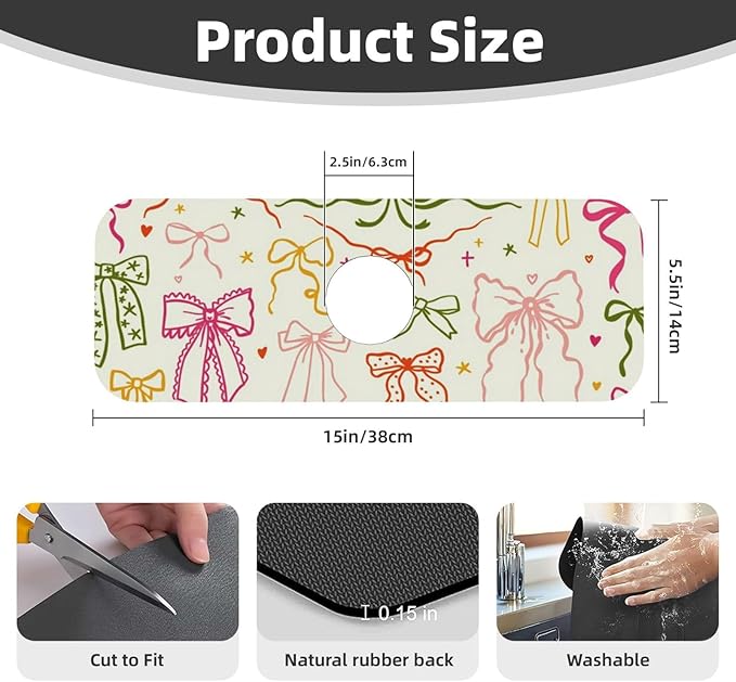 Colorful Bow 15" X 5.5" Kitchen Sink Splash Guard, Faucet Guard Draining Mat, Faucet Suction Pad For Kitchen Bathroom