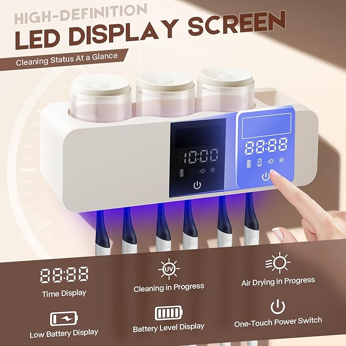 Smart 6-Slot Toothbrush Holder with Hygiene System, LED Display & 3 Cups – Wall-Mounted & Rechargeable, White
