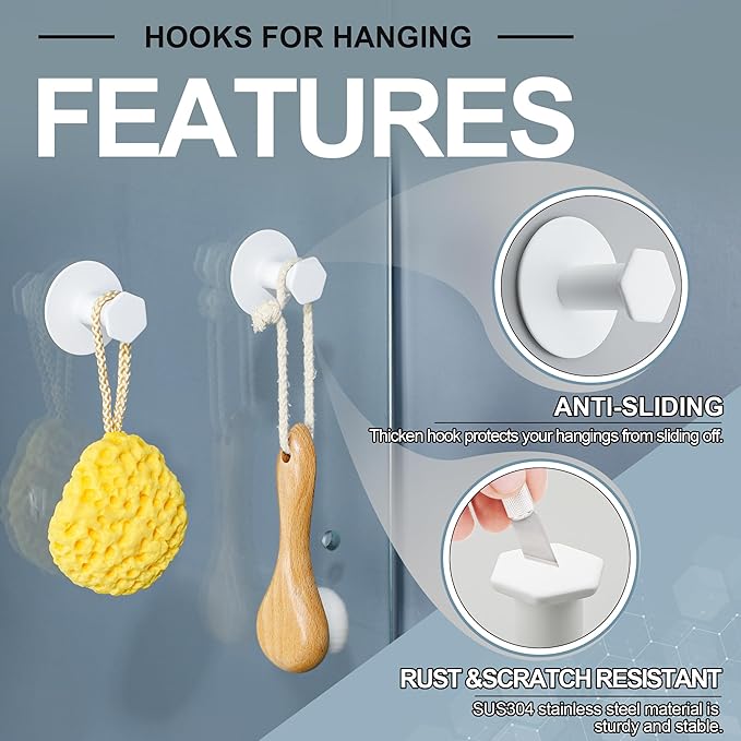SAYAYO Adhesive Hooks for Hanging Coat, Hat, Robe, Brushes, Stick on Towel Hooks for Bathroom Kitchen, Waterproof SUS304 Stainless Steel Sticky Wall Hooks, No Nails, 4 Pack, White