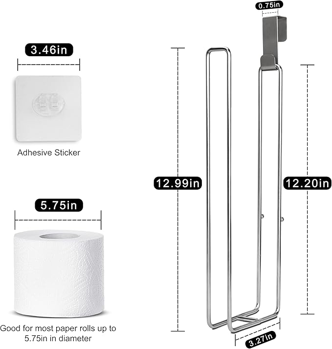 Bathroom Toilet Paper Holder with Storage Extra 3 Rolls, Over The Tank Toilet Paper Holder Wall Mount, Small Restroom Organizer, Adhesive RV Tissue Storage, Stainless Steel, Silver, 1PC