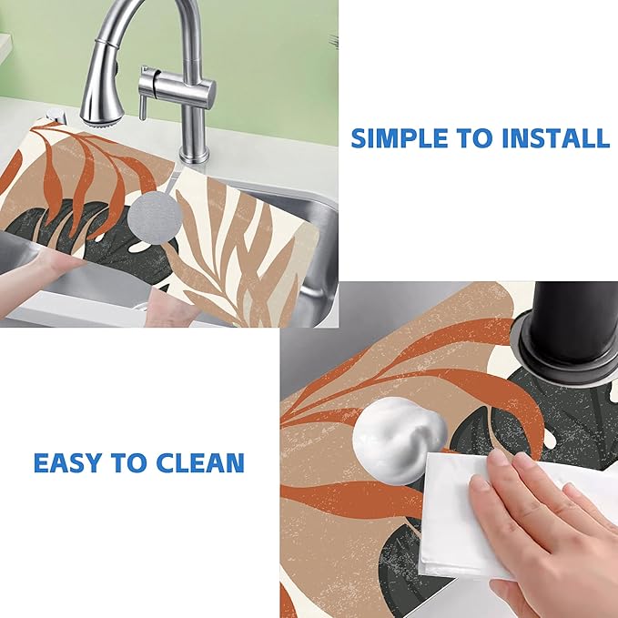 Mid Century Boho Leaves Kitchen Sink Splash Guard Absorbent Fast Drying Mat Faucet Draining Guard Behind Faucet Drip Catcher for Kitchen Bathroom 5.5"15"