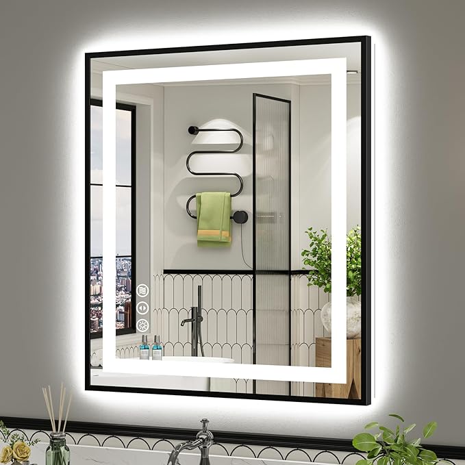 36x30 Inch LED Bathroom Mirror with Black Frame, Backlit & Front Lit, Anti-Fog Lighted Bathroom Vanity Mirror for Wall, Memory Function, Dimmable, HD Tempered Glass, Shatter-Proof