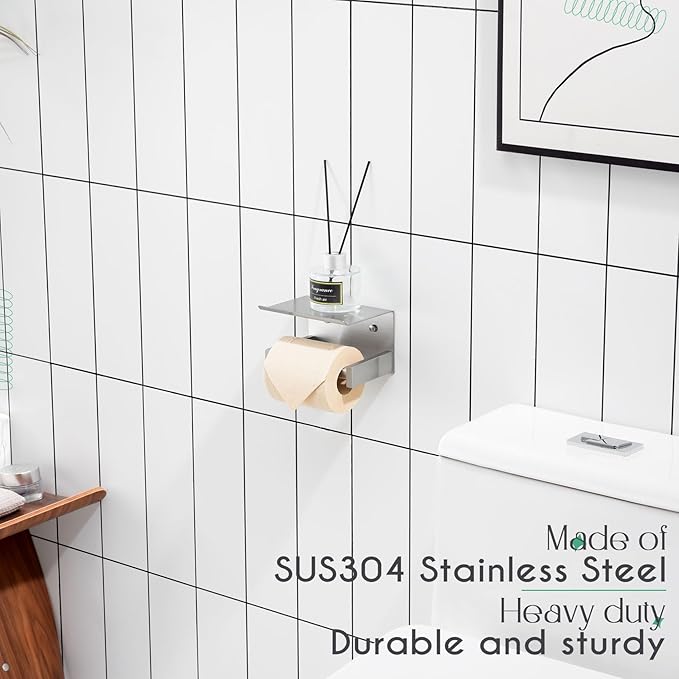 KOKOSIRI Roll Paper Holder Spring Loaded Bathroom Toilet Paper Holder Tissue Paper Holder with Shelf Wall Mounted Stainless Steel Brushed Nickel B2012BR