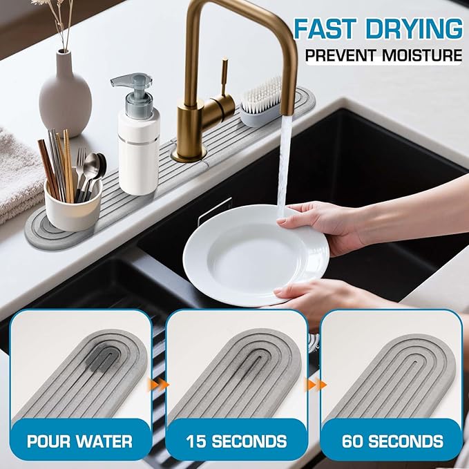 Diatomite Stone Faucet Mat For Kitchen Sink-Absorbent Fast Drying Stone Sink Tray,Faucet Splash Guard Counter,Quick Dry Sink Mat Around Faucet For Kitchen & Bathroom (Light Gray-Oval,23.6" x 4")