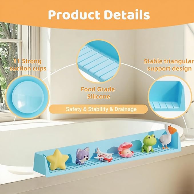 Bathtub Splash Guard for Kids - 2.6 Ft Length with Toy Tray & 11 Strong Suction Cups, Silicone Splash Guard for Easy Clean & Fold,Universal for Tubs,Bathroom & Kitchen Sinks