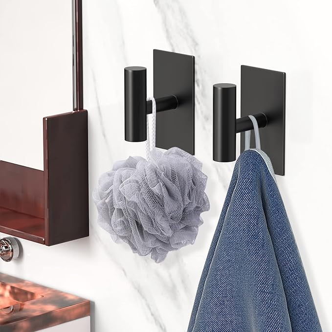 PMMASTO Adhesive Hooks, Matte Black Stainless Steel Sticky Hooks for Hanging, Self Adhesive Shower Wall Hooks, Towel Hooks Heavy Duty for Bathroom, Bedroom RV and Kitchen- 4 PC