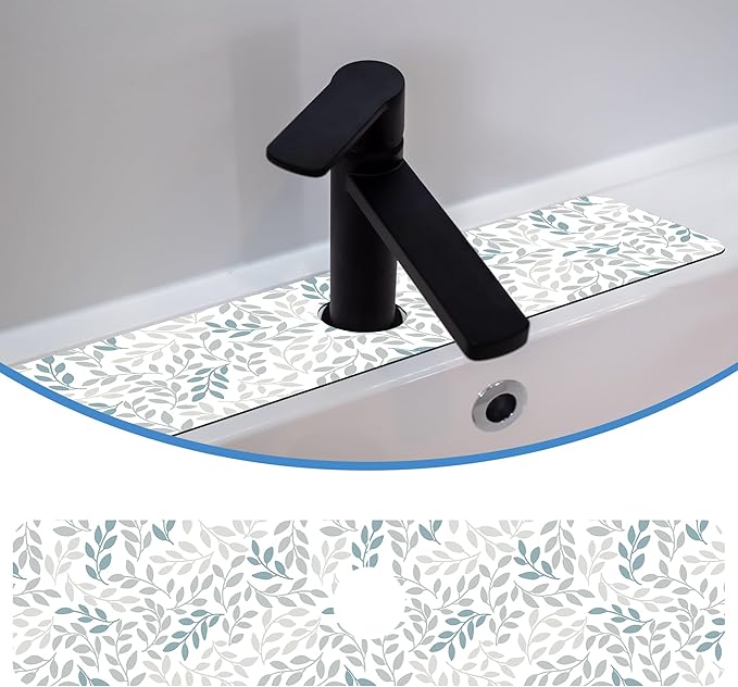 Grey Blue Leave Branche Faucet Mat for Kitchen Sink Botanical Flower, Soft Diatom Mud Material, Strong Water Absorption, Non-slip, Easy to Clean for Bathroom, Kitchen 23.5"X5.5"