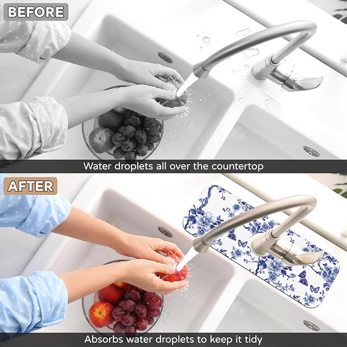 Blue Floral Sink Faucet Mat, Absorbent Elegant Chinese Style Kitchen Faucet Mat, Sink Splash Guard, for Bathroom Kitchen Sink Splash Guard Drying Mat 15.4"x5.7"