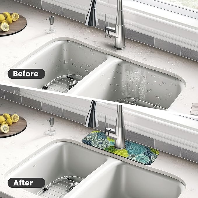 Kitchen Faucet Mat 15 x 5.5 Inch Abstract retro flower Faucet Draining Mat Farmhouse Absorbent Drying Mat Sink Splash Guard Behind Faucet Drip Catcher for Kitchen Bathroom