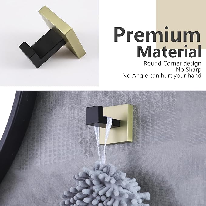 LANC 2-Pack Towel Hooks for Bathroom Hooks, Black and Gold Square Robe Hooks,Clothes Hooks,Wall Hooks Kitchen Household Hotel Coat Hooks Heavy Duty SUS304 Stainless Steel,A8805GK-P2