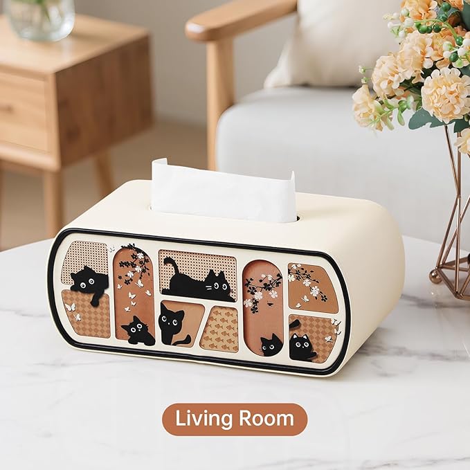 Kitty Cat Tissue Box Cover Rectangle, 4 Inches High Tissue Box Holder for 120(3-Ply)/160(2-Ply) Count Boxes, Stylish Curved Edge Tissue Holder for Bathroom Living Room Car Office (Beige)