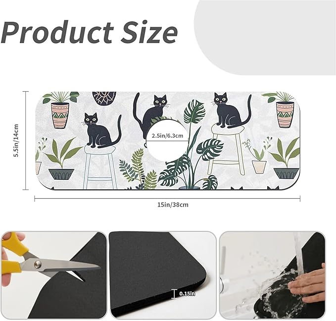 Kitchen Sink Splash Guard，Cats and potted plants Faucet Mat Sink Gadgets-Super Absorbent Fast Drying Mat Drip Catcher for Kitchen, Bathroom,Sink Mat, Dish Drying Mat, Bathroom(15" X 5.5" )
