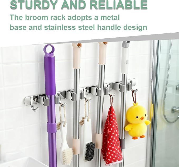 Broom Holder Wall Mount, Stainless Steel Mop and Broom Organizer, Heavy Duty Storage Rack with 4 Racks 5 Hooks for Garage Kitchen Laundry Room Garden Bathroom(Gray)