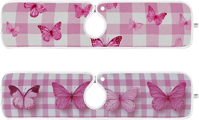Sink Faucet Absorbing Mat Kitchen Sink Splash Guard Splash Faucet Drip Catcher for Bar RV Bathroom 2PCS 30x5.5in Checkered Pink and White Butterflies