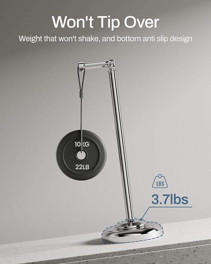 Freestanding Toilet Paper Holder Stand - Rustproof 304 Stainless Steel with Heavy Duty Weighted Base (4.8lbs), 22" Height Pivot Arm Tissue Roll Dispenser, Fits Mega Rolls - Chrome Finish