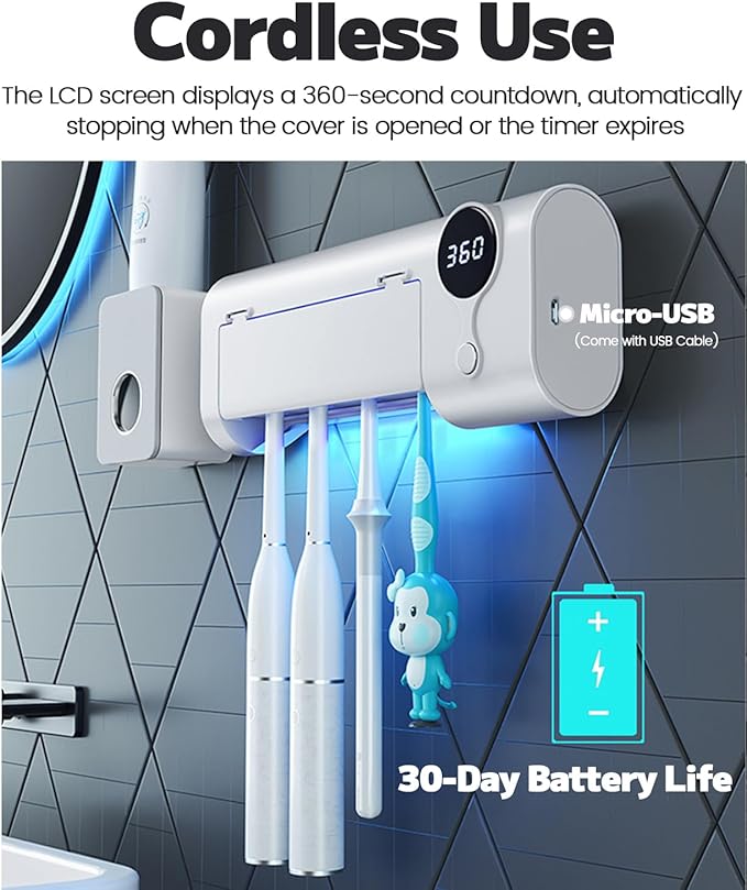 MIMORE Toothbrush Holder, 4 Toothbrush Slots & Timer Function, Cordless Wall Mounted Toothbrush Holders for Bathrooms