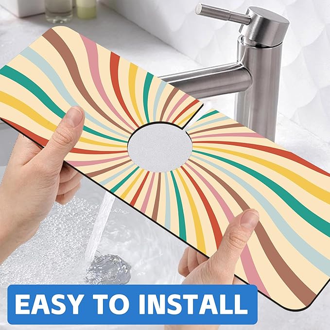 Groovy Retro Swirl Kitchen Sink Splash Guard Mat Absorbent Fast Drying Mat Faucet Draining Mat Sink Splash Guard Behind Faucet Drip Catcher for Kitchen Bathroom 5.5"×15"