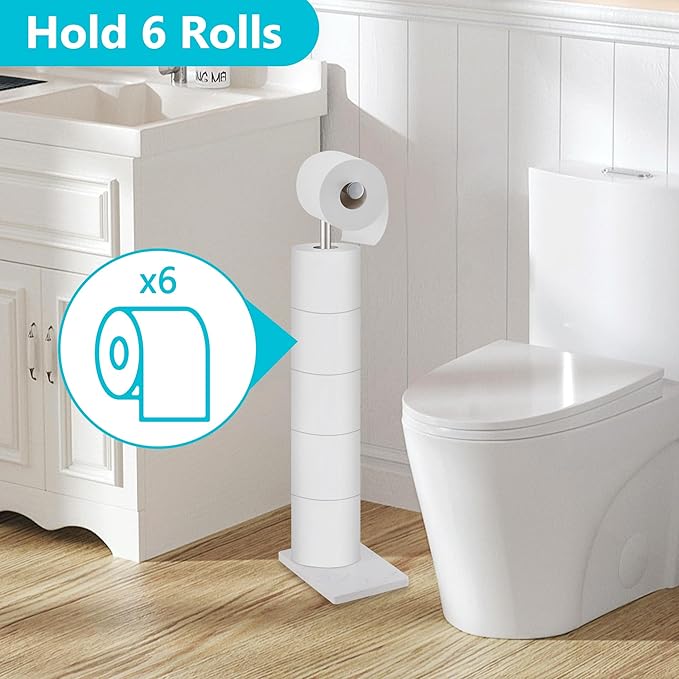 Toilet Paper Holder Free Standing, 6 Rolls Modern Stainless Steel Standing Bathroom Toilet Paper Roll Holder Stand with Storage Brushed Nickel Tissue Holder, Marble Base, Naturous