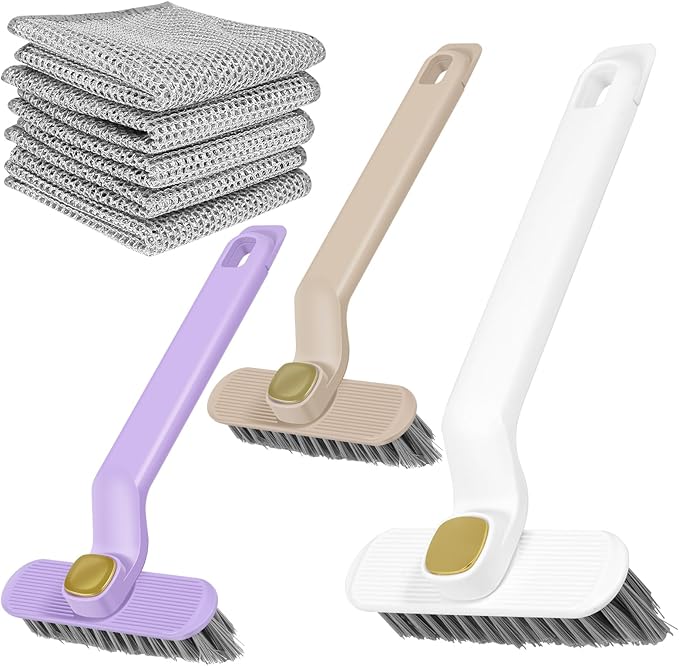 3Pcs Rotating Crevice Cleaning Brush with 5 Rags Multifunctional Gap Cleaning Brush Small Scrub Brush for Cleaning Sink Scrub Brush Bathroom Kitchen Edge Corner Window Track Cleaning Brush