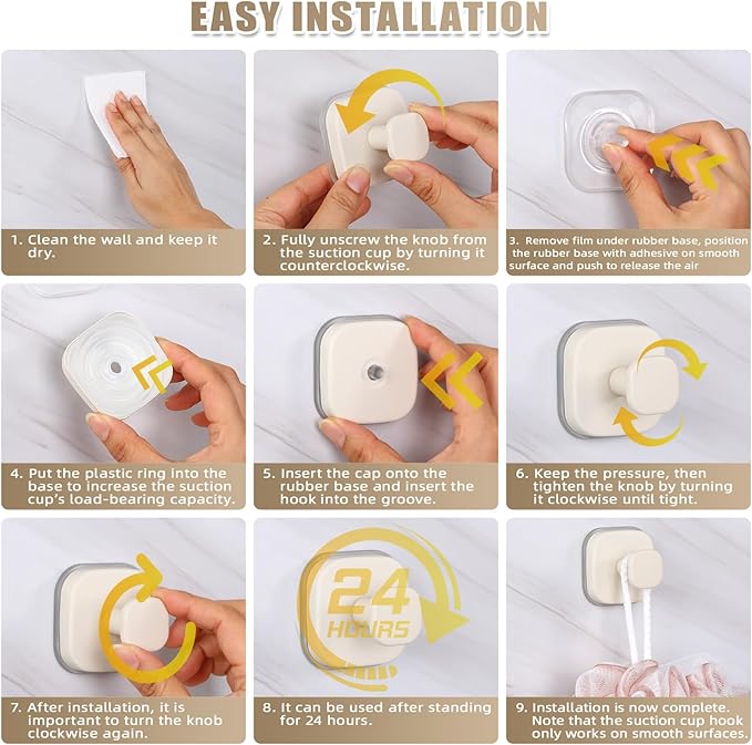 No-Drill Reusable Suction Cup Hooks, Towel, Robe, Loofah, Coat Hook for Glass, Mirror, Tile, Shower, Bathroom, Kitchen & Metal (Smooth, Non-Porous Surfaces) (4, Milk White)