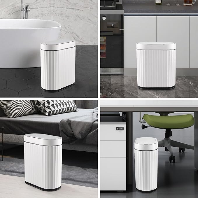ELPHECO Bathroom Trash Can with Lid 2 Gallon Small Sensor Garbage Can, Slim Smart Trash Bin, Waterproof Automatic Wastebasket, Narrow Plastic Garbage Bin for Bathroom, Black and White
