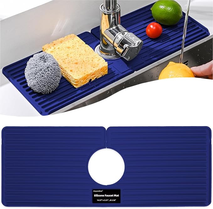 Faucet Mat for Kitchen Sink, Silicone Faucet Handle Drip Catcher Tray, Drying Mat as Sponge and Soap Holder with Lateral Inflow for Kitchen Bathroom Farmhouse & RV Sink Accessories (Blue)