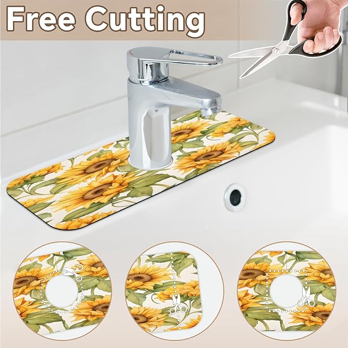 Sunflower Field Kitchen Faucet Mat Splash Guard, 15.4”x5.7” Absorbent Quick Drying Sink Mat for Countertop Protection, Draining Mat Sink Protectors For Kitchen Bathroom, 2 Pack