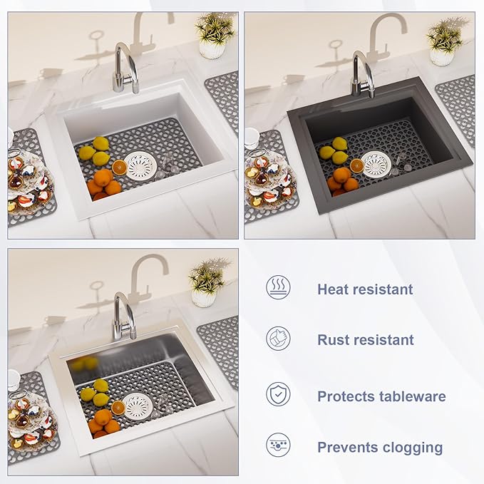 TOOVEM Kitchen Sink Mats, Sink Protectors for Kitchen Sink, 11.5 x 16.2 Inch Silicone Heat Resistant Non-Slip for Bottom of Kitchen Stainless Steel Sink Mats, Grey