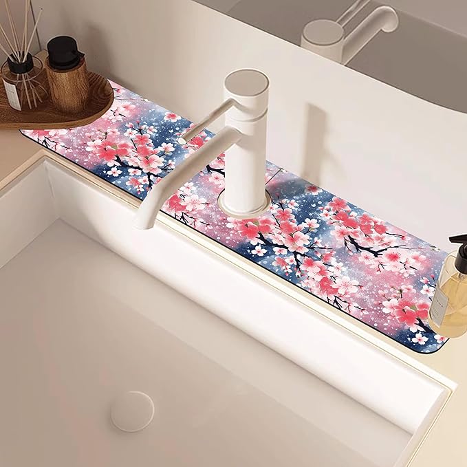 Japanese Pink Cherry Blossoms Dish Drying Mat for Kitchen Sink Splash Guard Behind Faucet Sink Mat Absorbent Fast Drying Faucet Draining Mat for Bathroom Kitchen 5.5"×24"