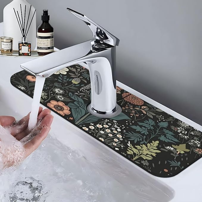 Botanical Floral 15" X 5.5" Kitchen Sink Splash Guard, Faucet Guard Draining Mat, Faucet Suction Pad For Kitchen Bathroom