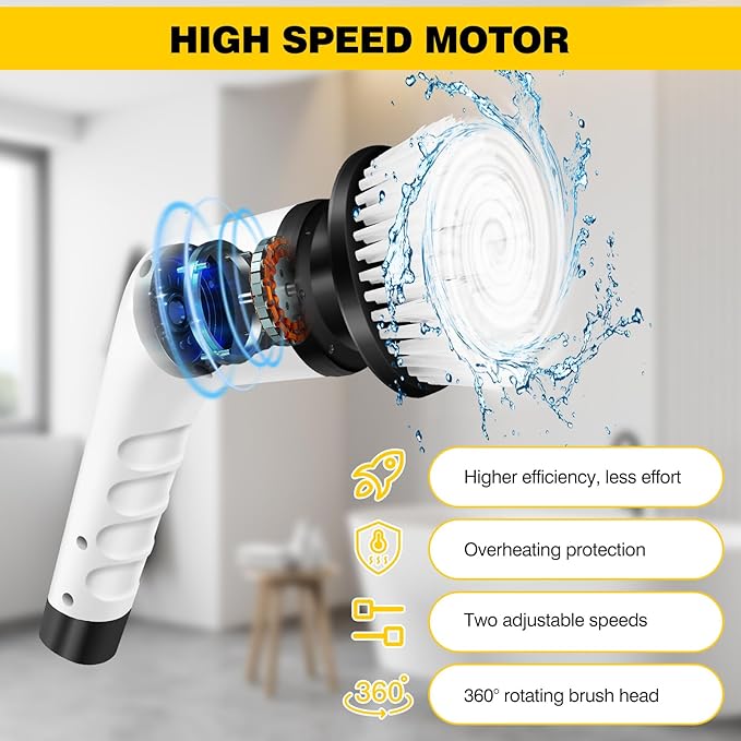 Jupitor Electric Spin Scrubber 3-in-1 Cordless Cleaning Brush - Soft Nylon Bristles, Dual Speed, USB Chargeable, White