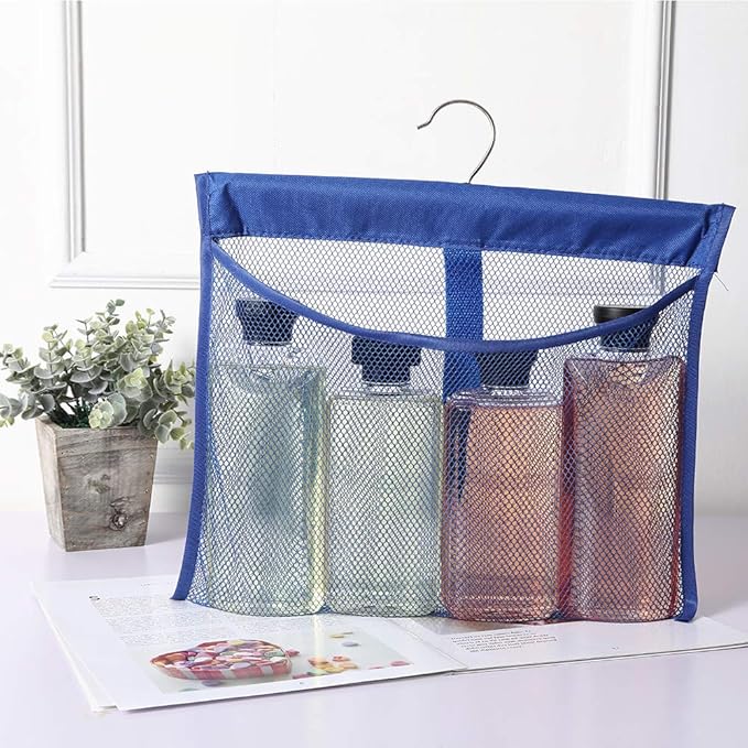 Portable Mesh Pocket with Rotatable Hanger, Quick Dry Serial Type Bath Storage Organizers for Travel, Camper, RV, Gym, Cruise, Cabin, College Dorm Shower(Blue)