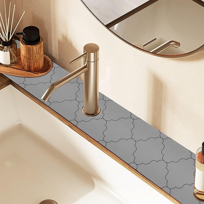 Kitchen Sink Splash Guard 2 PCS 14.7 Inch Sink Faucet Mat Splash Guard for Bathroom Countertop Water Absorbent Foldable Cuttable Soft Washable Monochrome Geometric Quatrefoil Grey