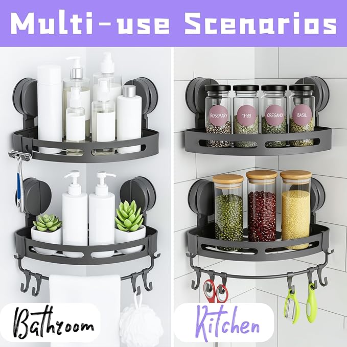 Corner Shower Caddy Suction Cup Shower Shelf Corner No Drilling Bathroom Shower Organizer Storage Rack Suction Cup Type with Towel Bar Hooks (Shower Caddy)
