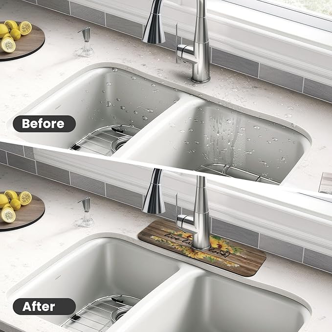 Sunflower On Board Rustic Yellow Summer Fall Live Laugh Love Kitchen Sink Splash Guard Faucet Mat 1 Pcs, Absorbent Fast Drying Mat Gadgets Splash Guard For Bathroom 15 X 5.5 Inches