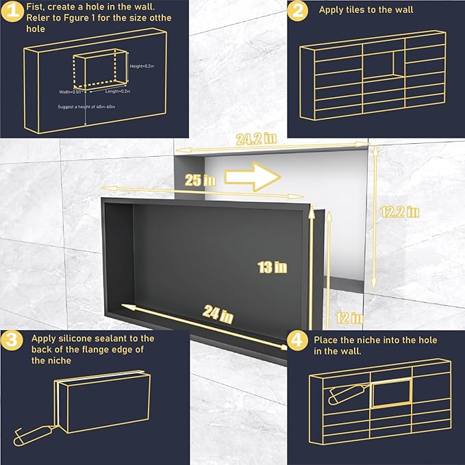 Shower Niche 24"x12"，No Tile Needed，Stainless Steel Niche Bathroom for Shower Wall，Matte Black （ 24 x 12 in）