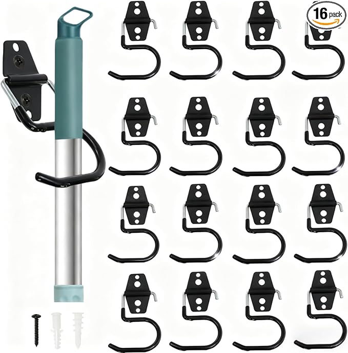 16 Pack Metal Broom Hooks, Heavy Duty Garage Holder Wall Mount, S Type Anti-Slip Mop Rack, Cleaning Tools Holder Storage Organizer Hanger for Shovel Rakes Shed Garden Lawn Yard