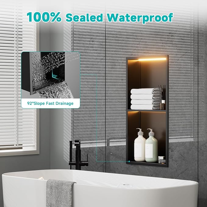 12" X 24" Stainless Steel Shower Niche with LED Lights, Matte Black Double Shelves Recessed Shower Niche No Tile Needed for Bathroom/Bedroom Storage