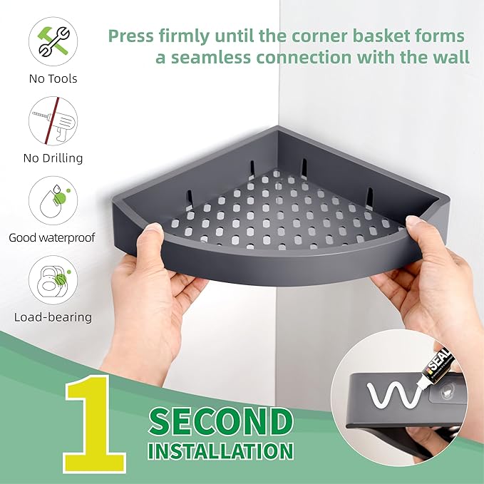 Corner Caddy Bathroom Shower Shelf Wall Mounted No Drilling Storage Shelves rack Adhesive Triangle Baskets ABS Bathroom Kitchen toilet Storage Basket Bathroom Accessories (Z 330 Dark grey)