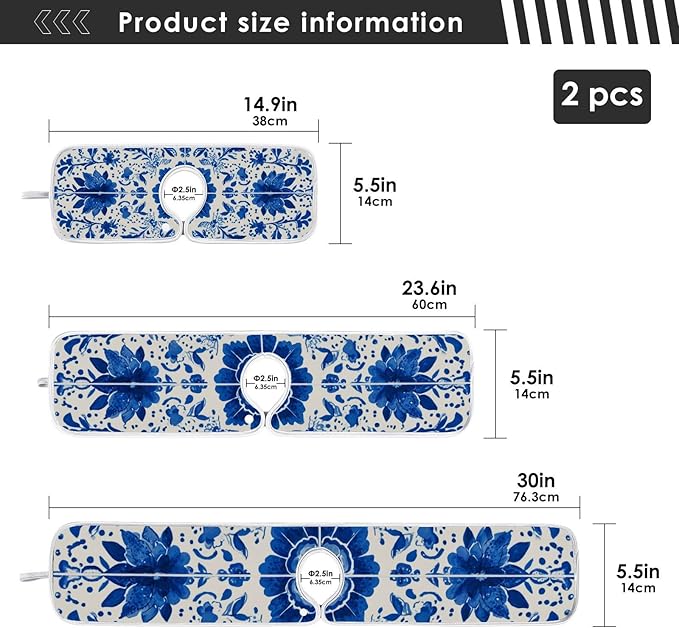 2 PCS Kitchen Sink Splash Guard 30 Inch Faucet Mat for Kitchen Sink Bathroom Sink Faucet Absorbing Drip Drain Mat Pad Microfiber Soft Washable Floral Blue and White Tile