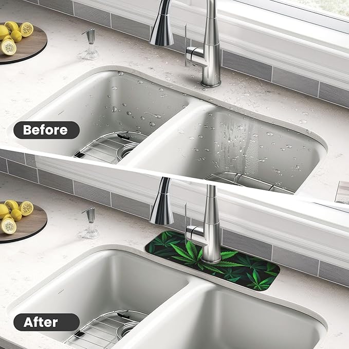 Cannabis Leaf 15" X 5.5" Kitchen Sink Splash Guard, Faucet Guard Draining Mat, Faucet Suction Pad For Kitchen Bathroom