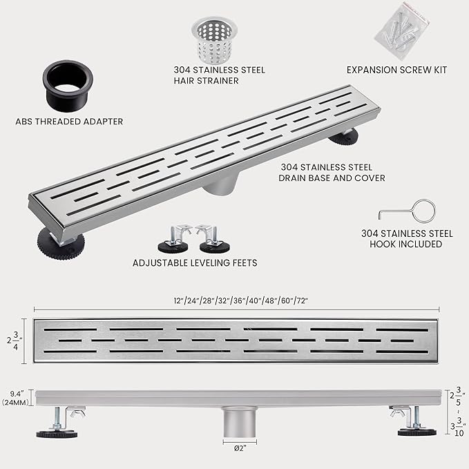 32 Inch Linear Shower Drain, Brushed Nickel Shower Drain,Removable Grate, 304 Stainless Steel, Easy to Install and Clean for Bathrooms (Drain Base Not Included), LSD-01A-32S