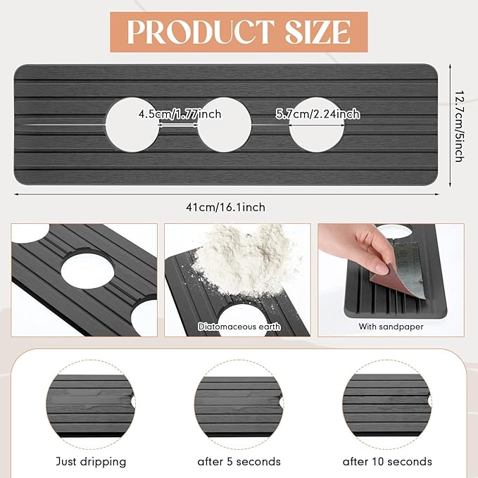 3 Hole Gray Faucet Mat for Kitchen Sink 16.1 x 5 Kitchen Faucet Absorbent Mat Diatomite Splash Guard for Sink Quick Drying Stone Drip Catcher for Bathroom Counter