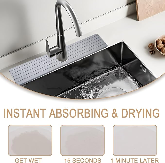 Quick Drying Stone Faucet Mat for Kitchen, Super Absorbent Diatomite Sink Tray Fast Drying Splash Guard, Durable Protector for Kitchen Sink/Bathroom Counter(23.6" x 3.9",Light Grey)