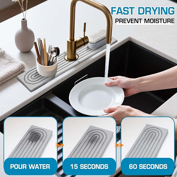 Faucet Mat for Kitchen Sink, Diatomite Quick Drying Tray, Long 23.6'' Kitchen Sink Splash Guard and Bathroom Stone Tray for Counter. Super Absorben. (Light Gray-Rectangle, 15.7" x 4")