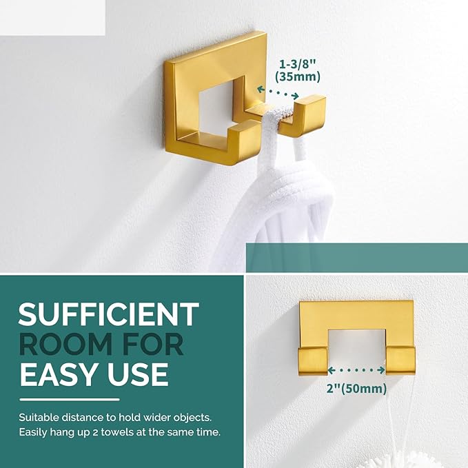 Angle Simple Towel Hook, SUS 304 Stainless Steel Wall Coat Hook, Bathroom Double Hand Towel Holder, Brassy Gold
