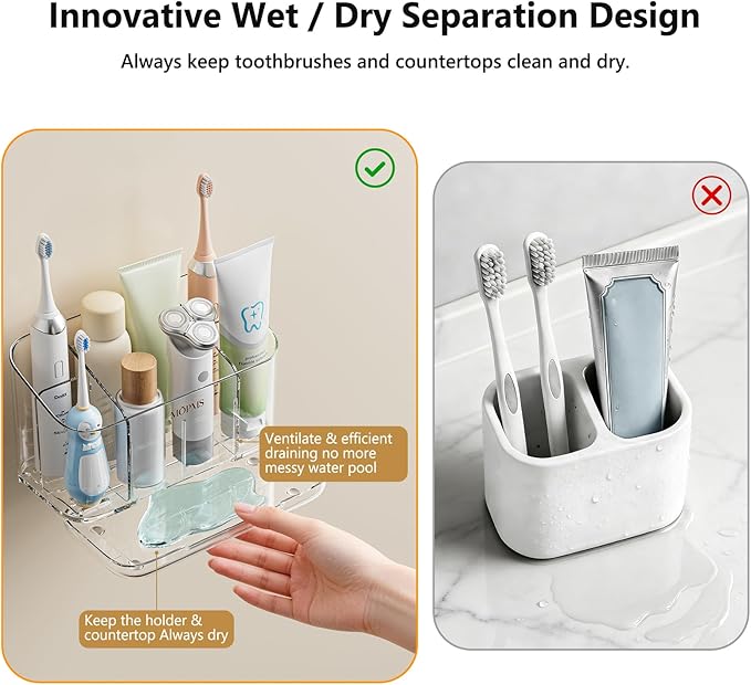 Toothbrush Holders for Bathrooms, 5 Slots Electric Toothbrush Holder Wall Mounted with Adjustable Divider, Detachable Bathroom Countertop Organizer with Drain Tray for Shower/Kitchen/Office