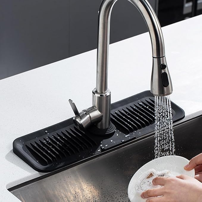 Royallery Silicone Faucet Splash Guard – Anti-Splash Protector for Kitchen & Bathroom Sink, Food-Grade Silicone, Free Microfiber Towel, Grey - white - black (black)