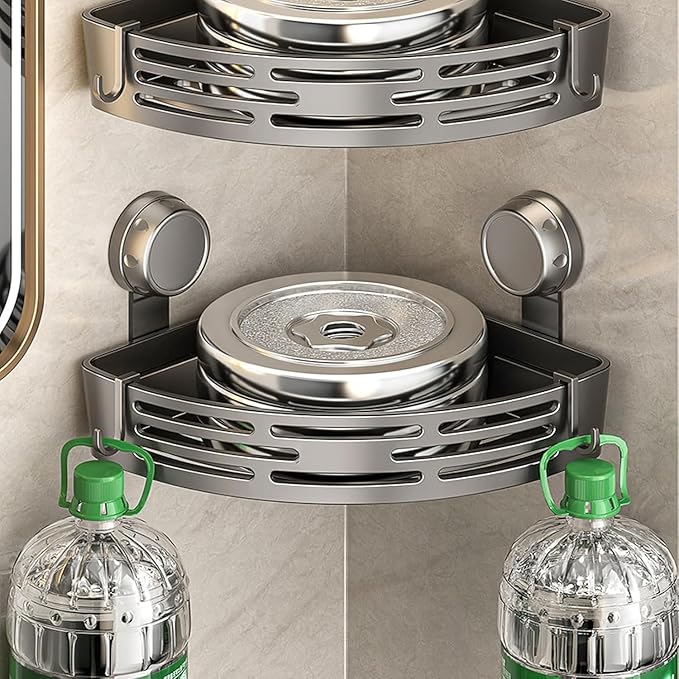 Triangle Suction Cup Shower Caddy, Corner Shower Shelves No Drilling, Upgrade Suction Cup Shower Organizer with Towel Bar & Hooks, Heavy-Duty Strong Hold (Black, 3pcs)